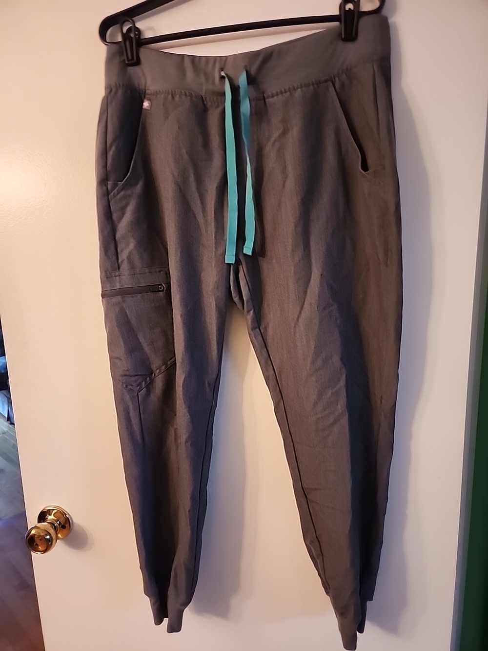 Figs Graphite Gray Jogger Scrub Pants with Teal Drawstring